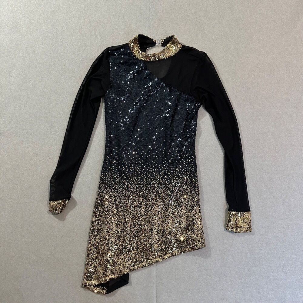 Alexandra Collection Black Gold Ombre Sequin Dance Costume Dress Tunic Size XS